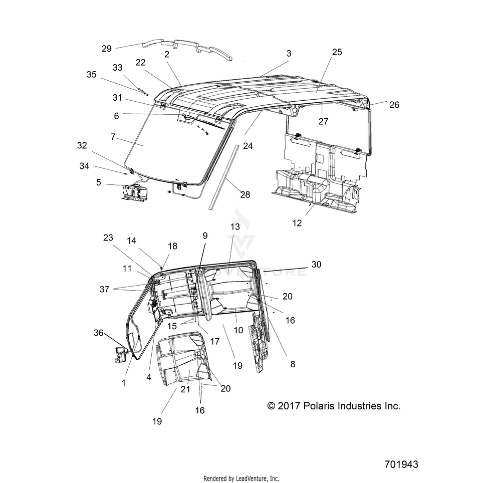 An Image of a Genuine Polaris Parts Schematic Diagram showing the schematic - BODY: ROOF & CAB - 2018 POLARIS RANGER CREW 1000 EPS