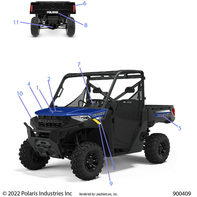 An Image of a Genuine Polaris Parts Schematic Diagram showing the schematic - BODY: DECALS GRAPHICS - 2022 POLARIS RANGER 1000 FULL SIZE PREMIUM WINTER
