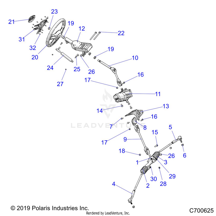 An Image of a Genuine Polaris Parts Schematic Diagram showing the schematic - STEERING: STEERING - 2021 POLARIS RANGER XP 1000 WATERFOWL EVAP