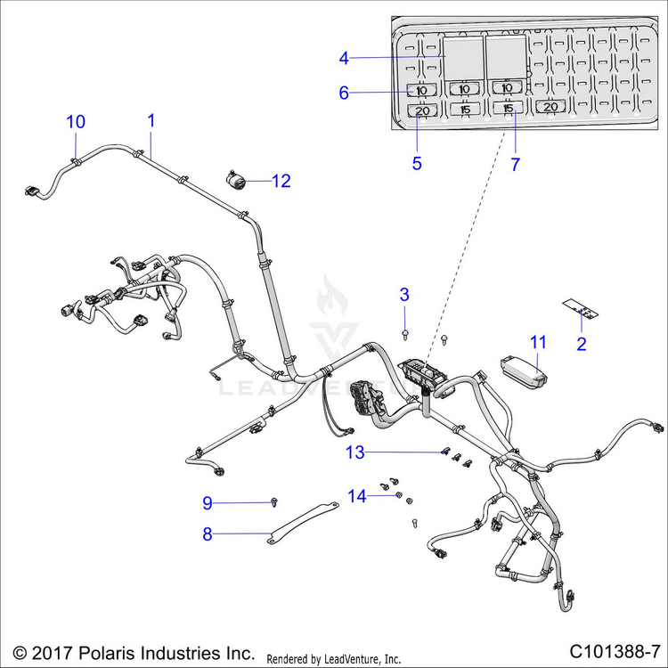 An Image of a Genuine Polaris Parts Schematic Diagram showing the schematic - ELECTRICAL: WIRE HARNESS - 2019 POLARIS RANGER 150 EFI