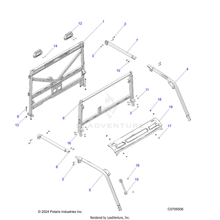 An Image of a Genuine Polaris Parts Schematic Diagram showing the schematic - CHASSIS: CAB FRAME - 2022 POLARIS RANGER CREW XP 1000 NORTHSTAR ULTIMATE BIG GAME