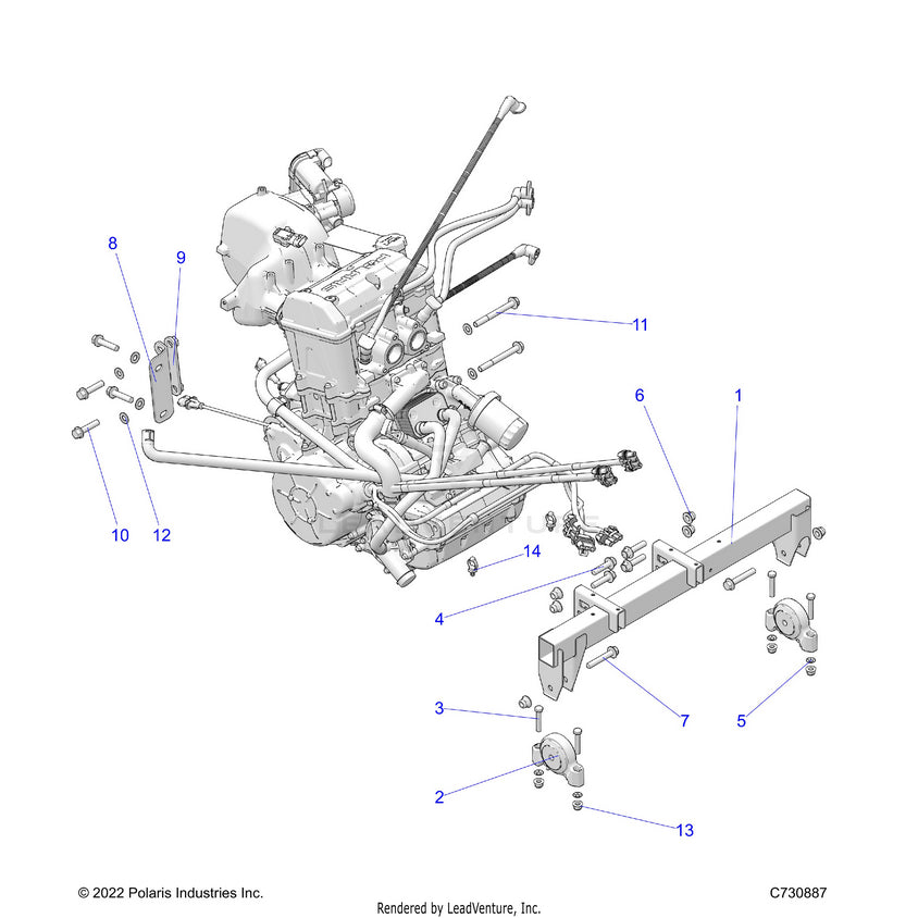 An Image of a Genuine Polaris Parts Schematic Diagram showing the schematic - ENGINE: MOUNTING & LONG BLOCK - 2023 POLARIS RANGER 1000 PREMIUM EPS