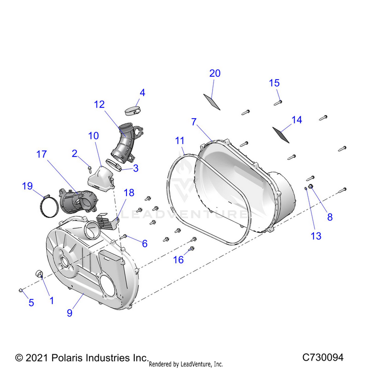 An Image of a Genuine Polaris Parts Schematic Diagram showing the schematic - DRIVE TRAIN: CLUTCH COVER & DUCTING - 2022 POLARIS RANGER 570