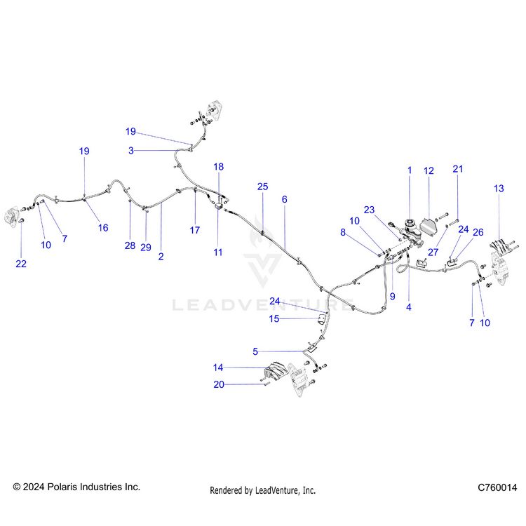 An Image of a Genuine Polaris Parts Schematic Diagram showing the schematic - BRAKES: BRAKE LINES AND MASTER CYLINDER - 2025 POLARIS GENERAL XP 1000 SPORT