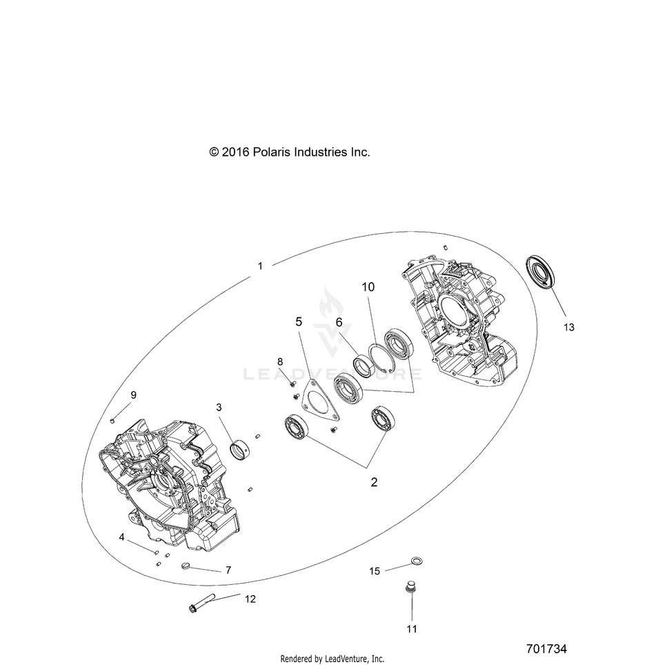An Image of a Genuine Polaris Parts Schematic Diagram showing the schematic - ENGINE: CRANKCASE - 2017 POLARIS RANGER 570 EPS HDPE