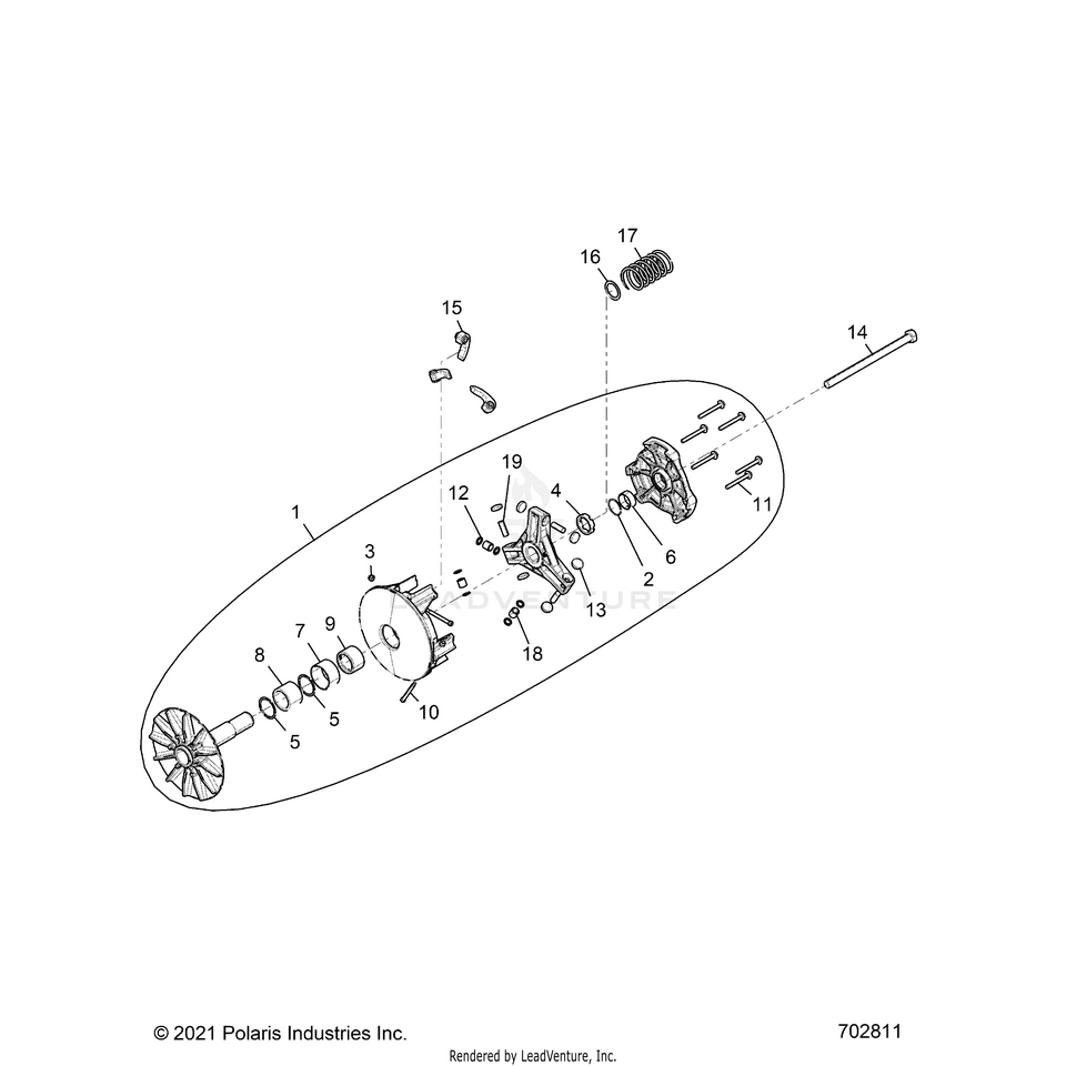 An Image of a Genuine Polaris Parts Schematic Diagram showing the schematic - DRIVE TRAIN: PRIMARY CLUTCH - 2022 POLARIS GENERAL XP 4 1000 HUNTER