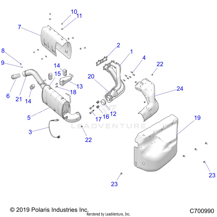 An Image of a Genuine Polaris Parts Schematic Diagram showing the schematic - ENGINE: EXHAUST SYSTEM - 2021 POLARIS RANGER CREW XP 1000 TRAIL BOSS EVAP