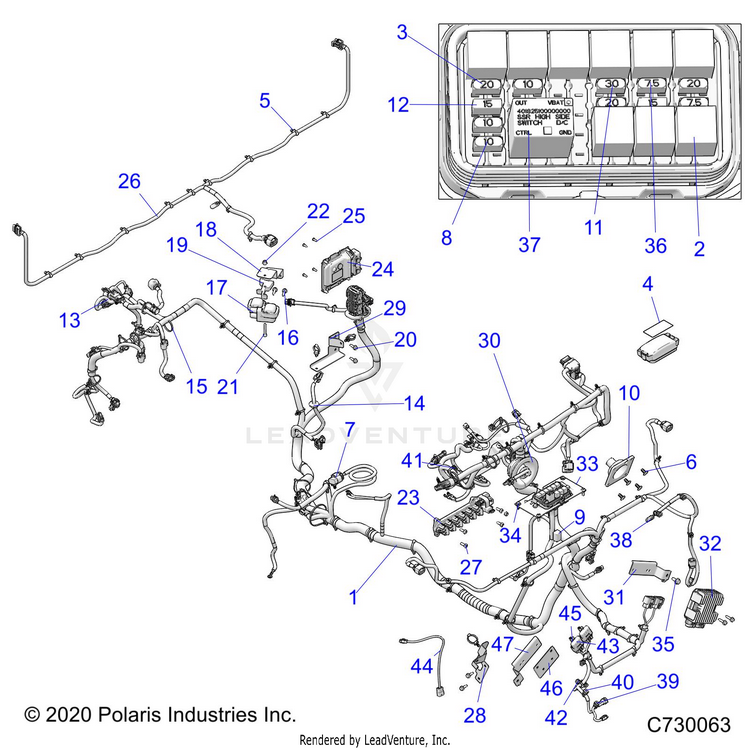 An Image of a Genuine Polaris Parts Schematic Diagram showing the schematic - ELECTRICAL: WIRE HARNESS - 2021 POLARIS RANGER XP 1000 HIGH LIFTER