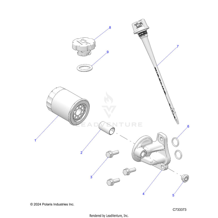 An Image of a Genuine Polaris Parts Schematic Diagram showing the schematic - ENGINE: OIL FILTER & DIPSTICK - 2025 POLARIS RANGER 570 CREW NORTHSTAR