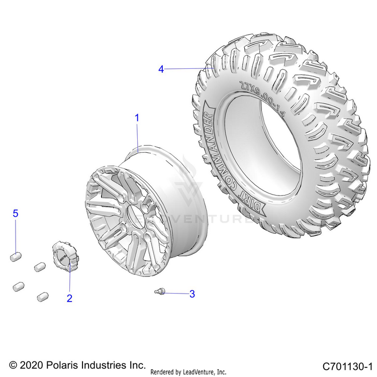 An Image of a Genuine Polaris Parts Schematic Diagram showing the schematic - WHEELS: FRONT - 2022 POLARIS GENERAL 4 1000 DELUXE RIDE COMMAND