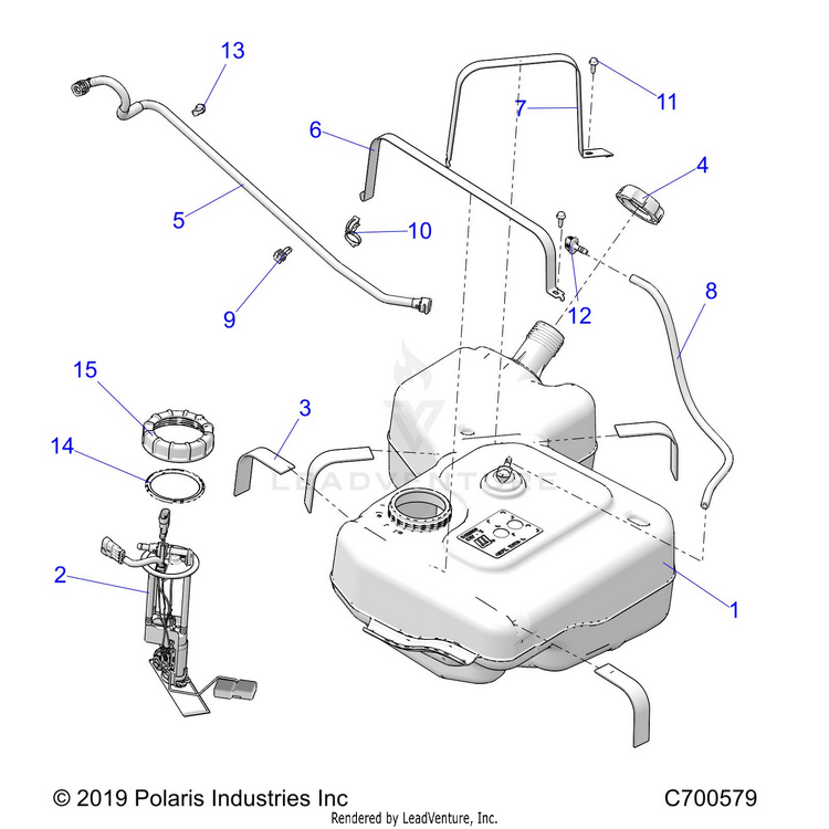 An Image of a Genuine Polaris Parts Schematic Diagram showing the schematic - BODY: FUEL TANK - 2021 POLARIS RANGER CREW 1000 EPS