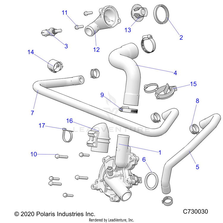 An Image of a Genuine Polaris Parts Schematic Diagram showing the schematic - ENGINE: WATERPUMP & BYPASS - 2023 POLARIS RANGER CREW XP 1000 TEXAS EDITION
