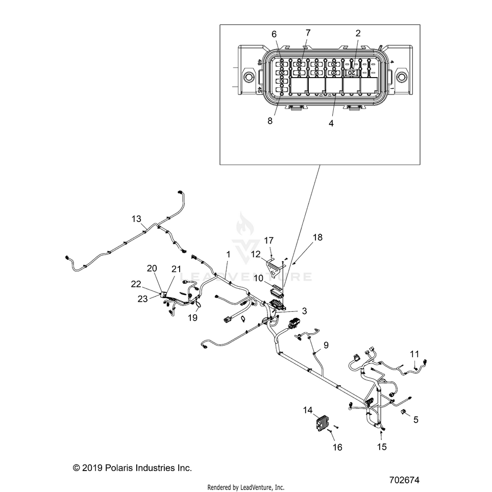 An Image of a Genuine Polaris Parts Schematic Diagram showing the schematic - ELECTRICAL: WIRE HARNESSES - 2020 POLARIS RANGER CREW 570 FULL SIZE