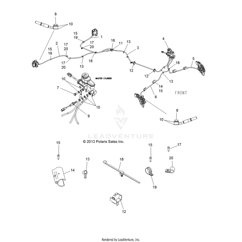 An Image of a Genuine Polaris Parts Schematic Diagram showing the schematic - BRAKES: LINES & MASTER CYLINDER - 2016 POLARIS RANGER 1000 DIESEL