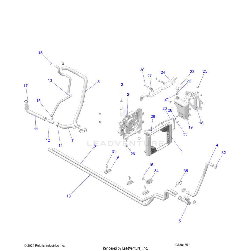 An Image of a Genuine Polaris Parts Schematic Diagram showing the schematic - ENGINE: COOLING SYSTEM - 2025 POLARIS RANGER 570 CREW