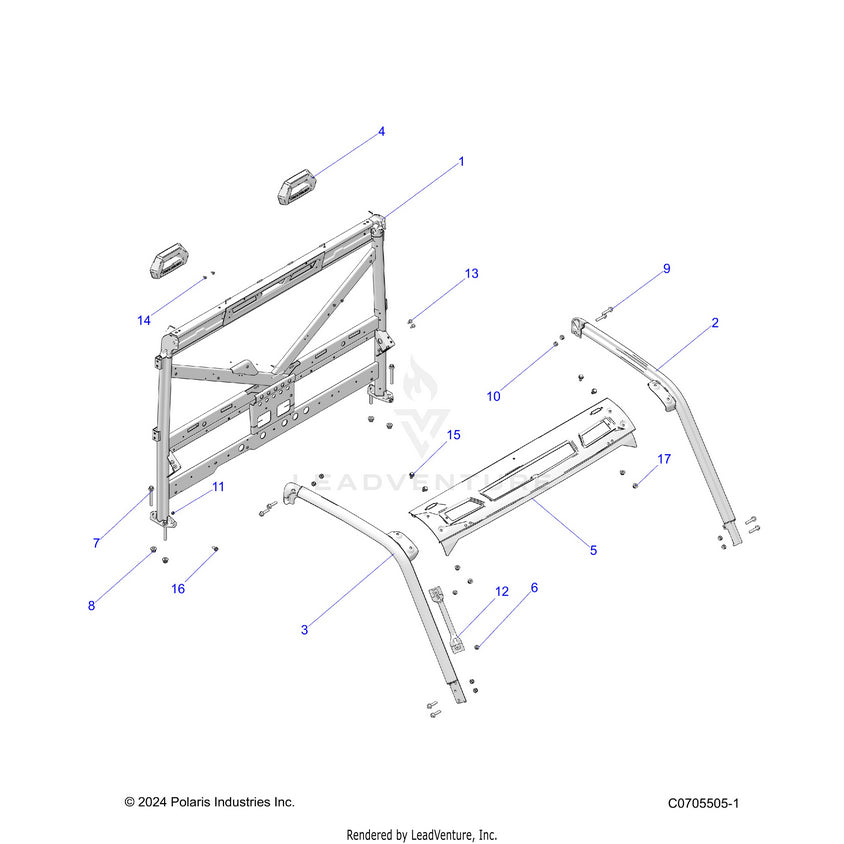 An Image of a Genuine Polaris Parts Schematic Diagram showing the schematic - CHASSIS: CAB FRAME - 2025 POLARIS RANGER 1000 XP NORTHSTAR PREMIUM TIP OUT WINDSHIELD
