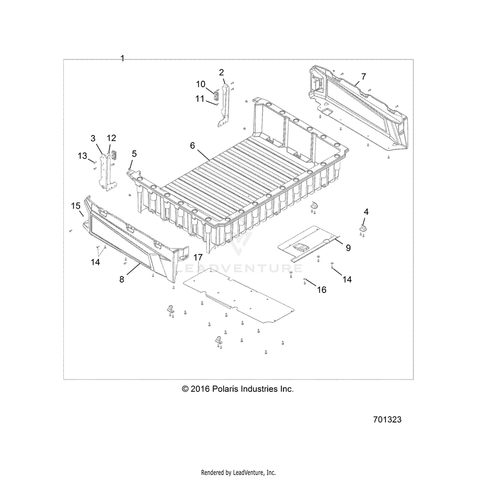 An Image of a Genuine Polaris Parts Schematic Diagram showing the schematic - BODY: BOX - 2017 POLARIS RANGER CREW 900 6P SP
