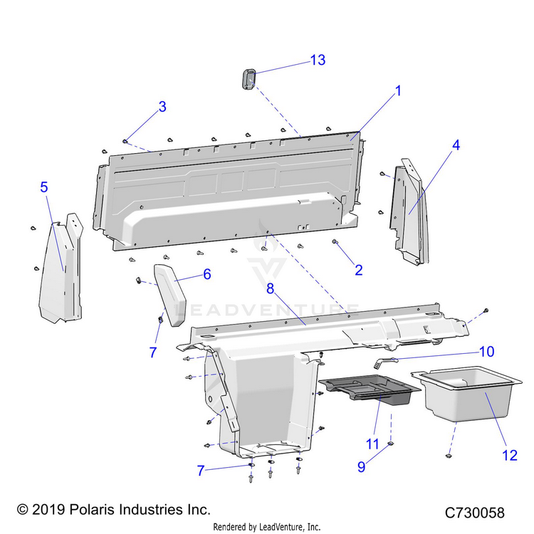 An Image of a Genuine Polaris Parts Schematic Diagram showing the schematic - BODY: REAR CLOSEOFF & FENDERS - 2022 POLARIS RANGER XP 1000