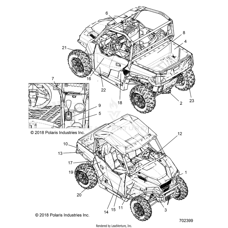 An Image of a Genuine Polaris Parts Schematic Diagram showing the schematic - BODY: DECALS - 2019 POLARIS GENERAL 1000 EPS