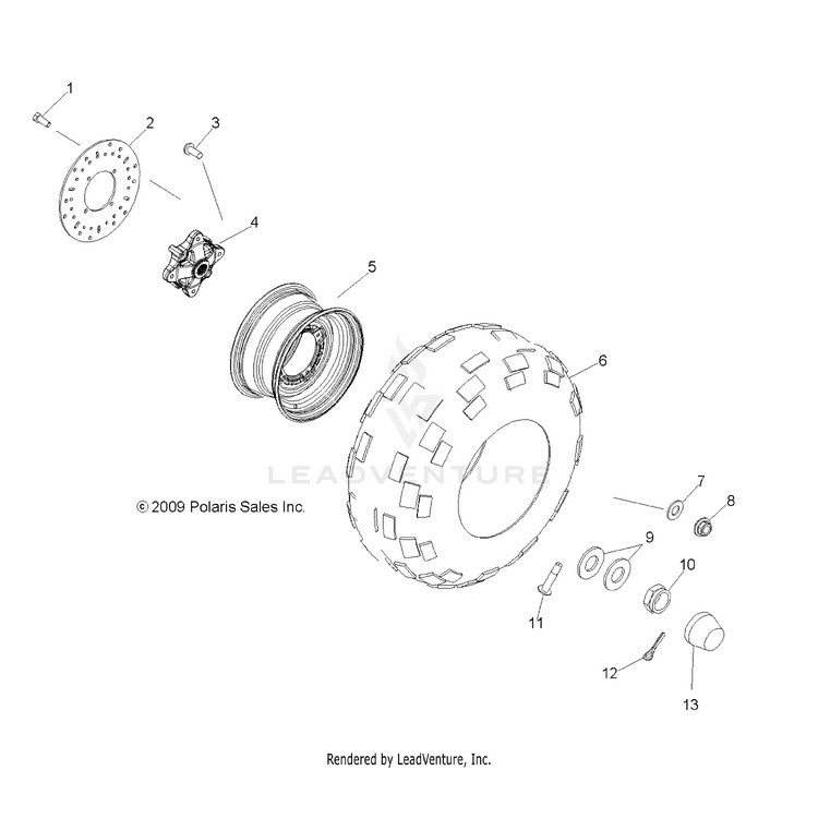 An Image of a Genuine Polaris Parts Schematic Diagram showing the schematic - WHEELS: REAR - 2016 POLARIS RANGER 800 6X6