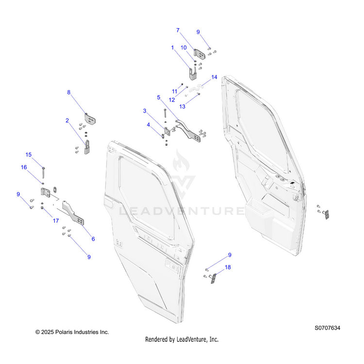 An Image of a Genuine Polaris Parts Schematic Diagram showing the schematic - BODY: DOOR FRONT MOUNT - 2025 POLARIS RANGER 1000 XP CREW NORTHSTAR PREMIUM TIP OUT WINDSHIELD