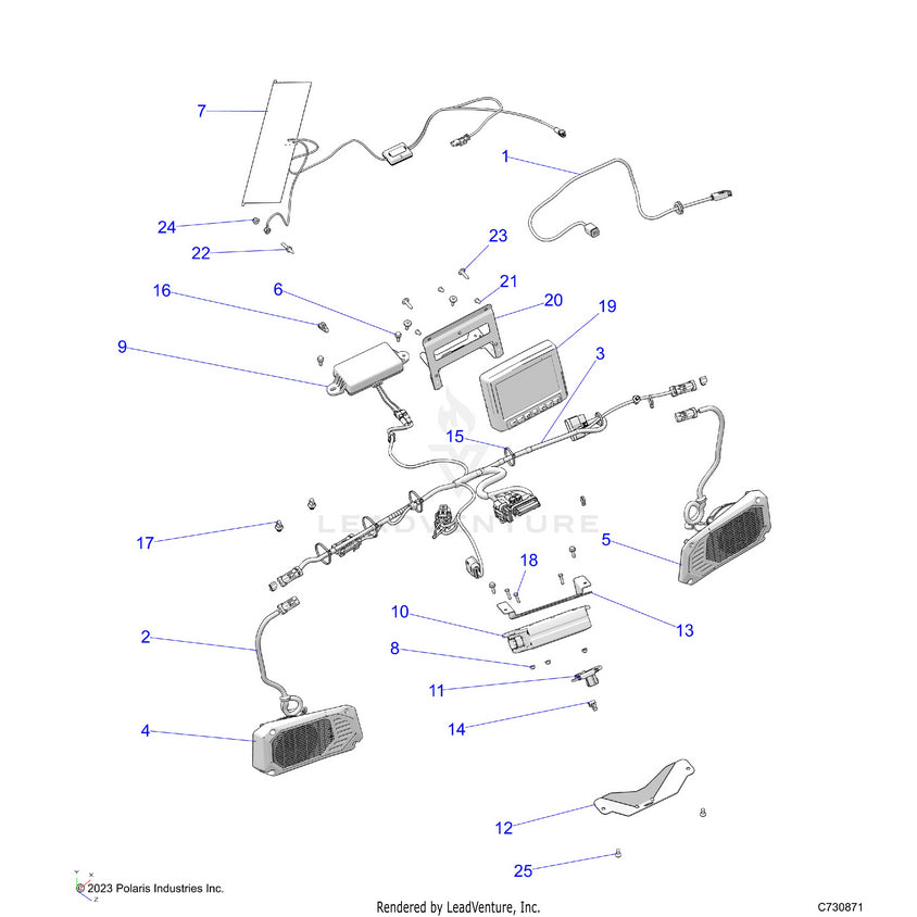 An Image of a Genuine Polaris Parts Schematic Diagram showing the schematic - ELECTRICAL: DASH COMPONENTS RIDE COMMAND - 2024 POLARIS RANGER EV FULL SIZE ULTIMATE