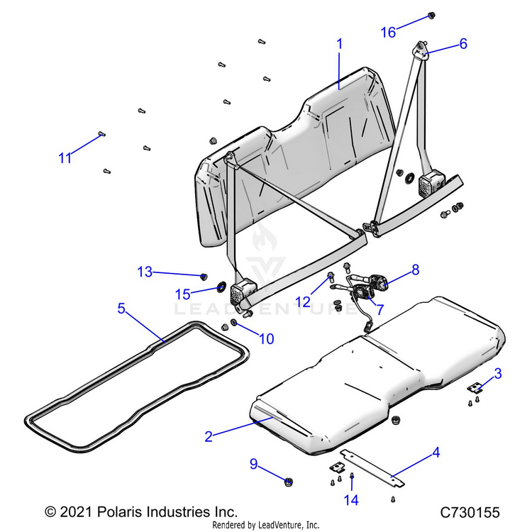 An Image of a Genuine Polaris Parts Schematic Diagram showing the schematic - BODY: SEAT - 2022 POLARIS RANGER 570 NORTHSTAR
