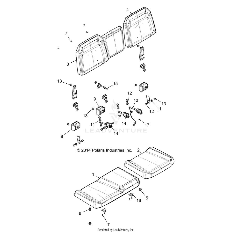 An Image of a Genuine Polaris Parts Schematic Diagram showing the schematic - BODY: SEAT - 2015 POLARIS RANGER 570 FULL SIZE