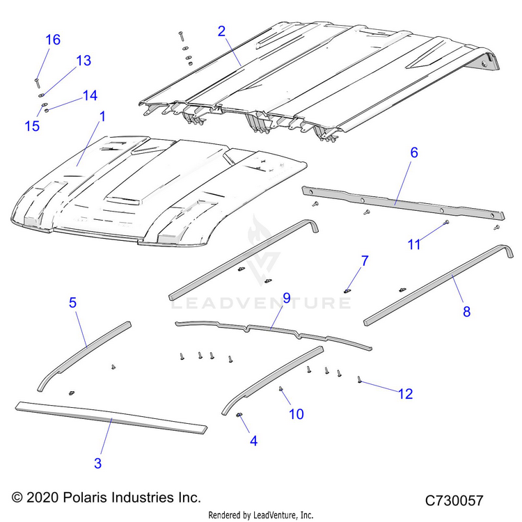 An Image of a Genuine Polaris Parts Schematic Diagram showing the schematic - BODY: ROOF - 2021 POLARIS RANGER CREW XP 1000 EPS TEXAS EDITION CA