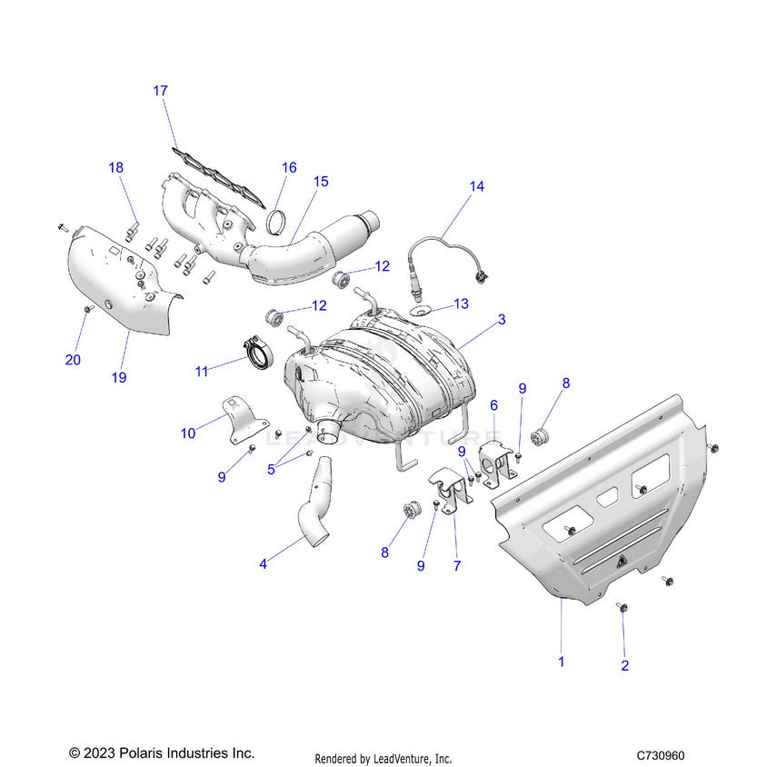 An Image of a Genuine Polaris Parts Schematic Diagram showing the schematic - ENGINE: EXHAUST - 2024 POLARIS RANGER XD 1500 NORTHSTAR