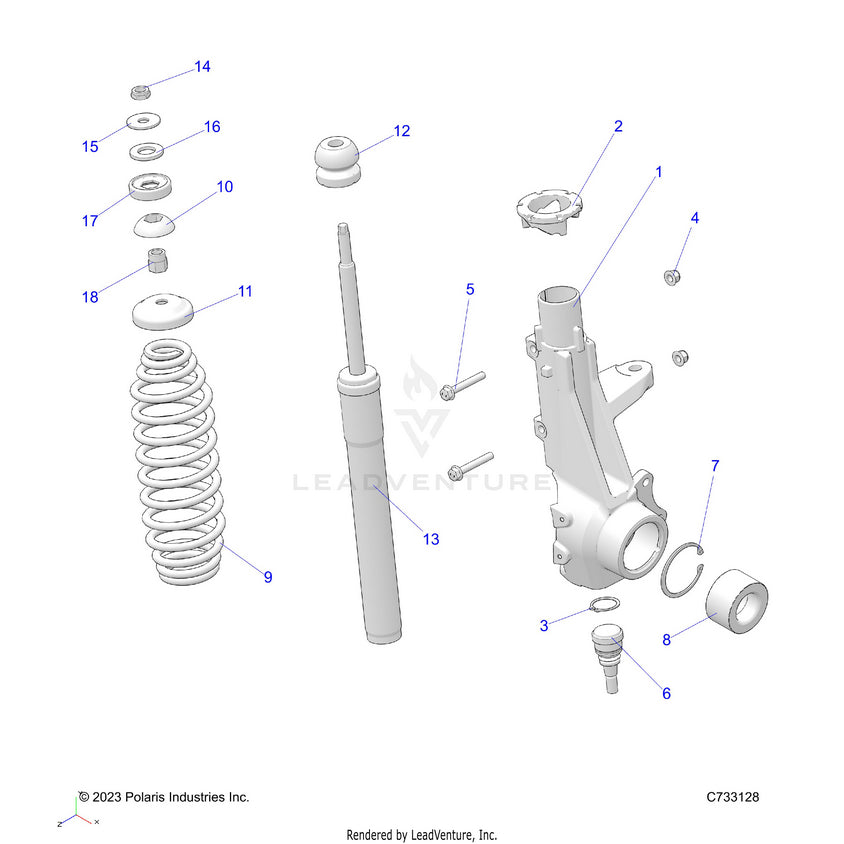An Image of a Genuine Polaris Parts Schematic Diagram showing the schematic - SUSPENSION: FRONT STRUT - 2025 POLARIS RANGER 570 NORTHSTAR