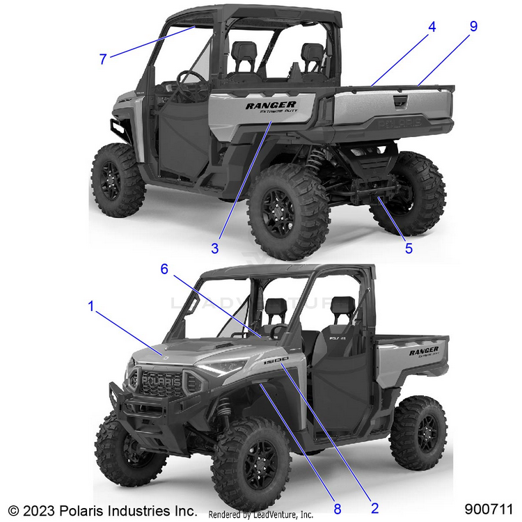 An Image of a Genuine Polaris Parts Schematic Diagram showing the schematic - BODY: DECALS - 2024 POLARIS RANGER XD 1500 PREMIUM