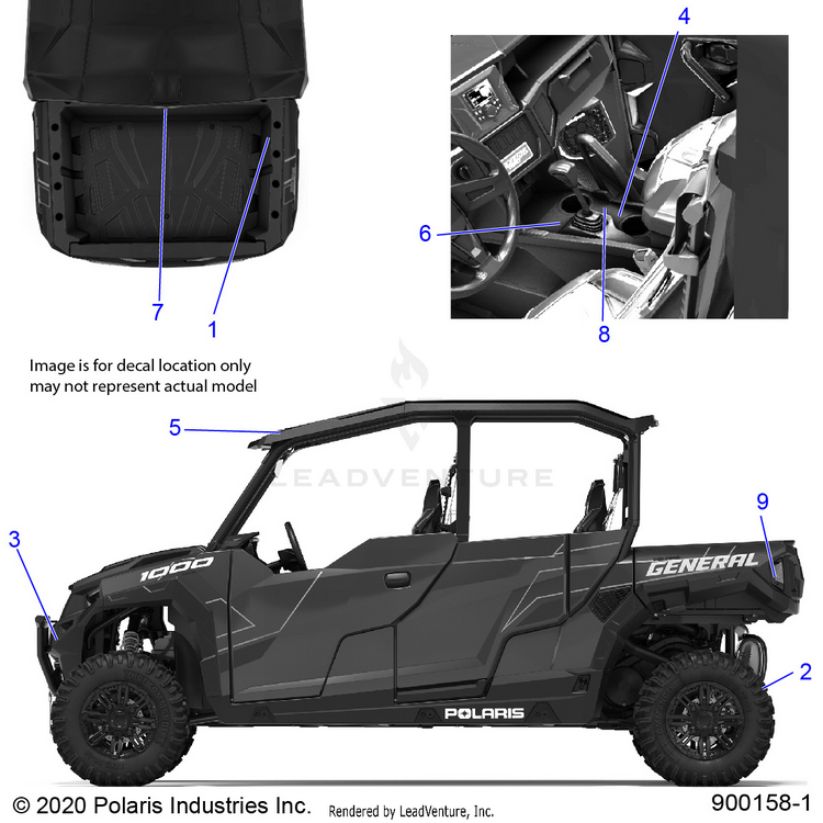 An Image of a Genuine Polaris Parts Schematic Diagram showing the schematic - BODY: DECALS WARNING - 2023 POLARIS GENERAL XP 4 1000 ULTIMATE