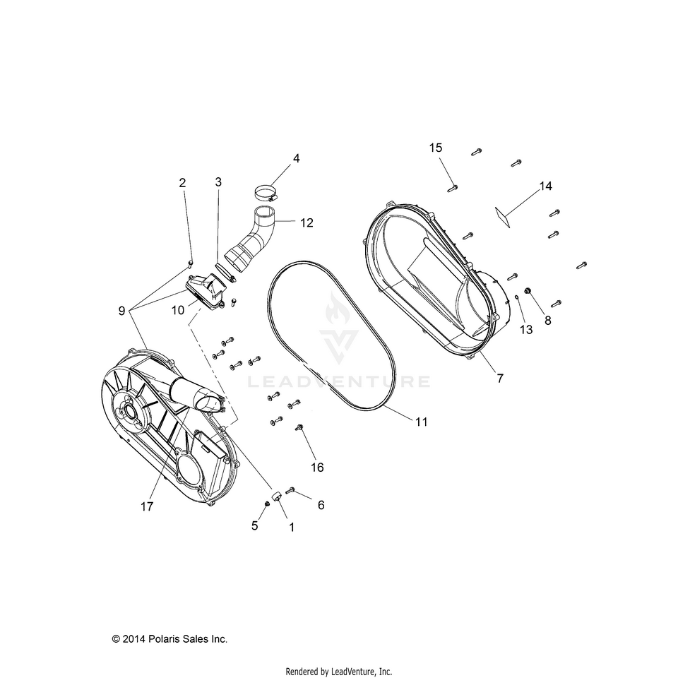 An Image of a Genuine Polaris Parts Schematic Diagram showing the schematic - DRIVE TRAIN: CLUTCH COVER & DUCTING - 2015 POLARIS RANGER 570/EPS