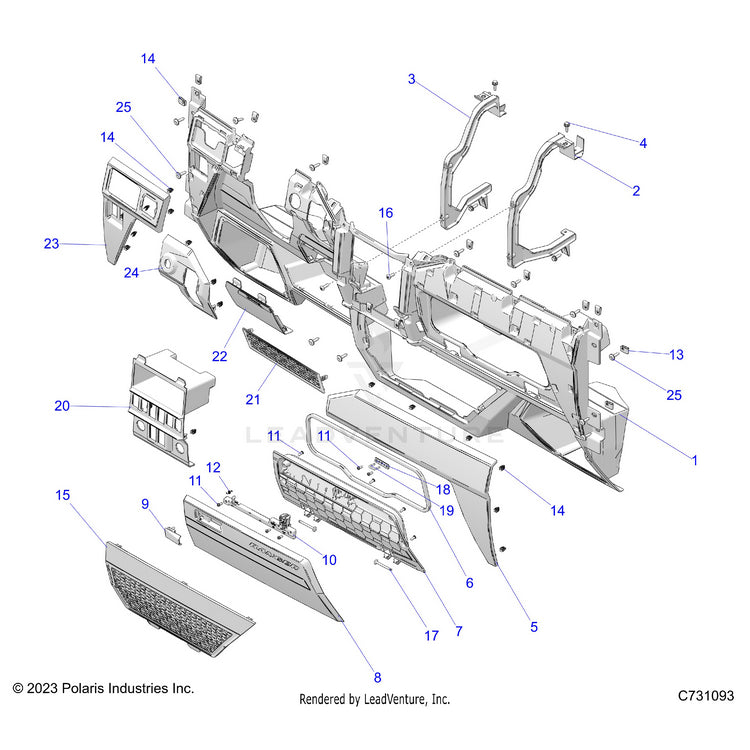 An Image of a Genuine Polaris Parts Schematic Diagram showing the schematic - BODY: DASH LOWER - 2025 POLARIS RANGER XD 1500 NORTHSTAR ULTIMATE