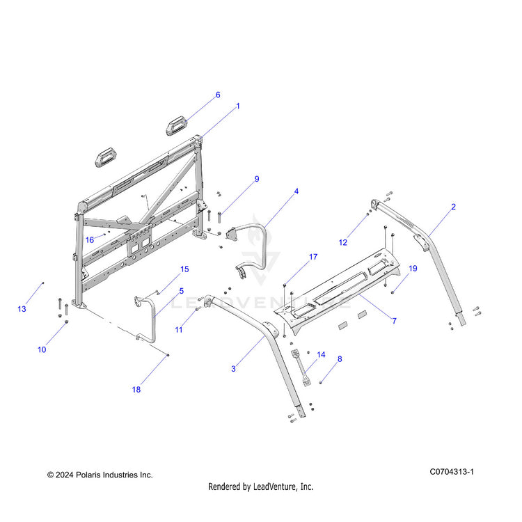 An Image of a Genuine Polaris Parts Schematic Diagram showing the schematic - CHASSIS: CAB FRAME - 2023 POLARIS RANGER EV FULL SIZE PREMIUM