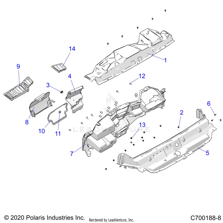 An Image of a Genuine Polaris Parts Schematic Diagram showing the schematic - BODY: DASH - 2022 POLARIS GENERAL XP 1000 HUNTER