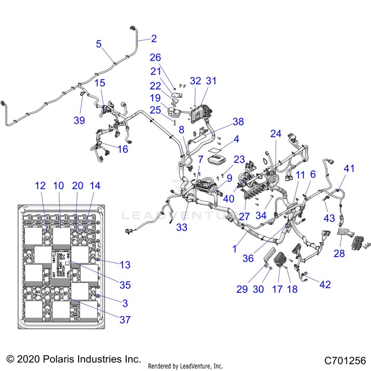 An Image of a Genuine Polaris Parts Schematic Diagram showing the schematic - ELECTRICAL: WIRE HARNESS - 2021 POLARIS RANGER XP 1000 TRAIL BOSS EVAP