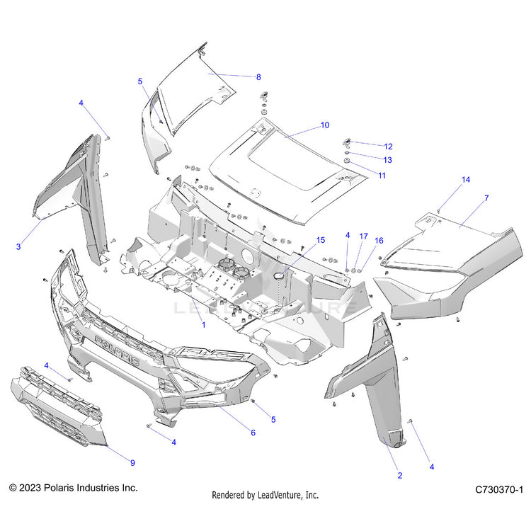 An Image of a Genuine Polaris Parts Schematic Diagram showing the schematic - BODY: HOOD & FRONT FASCIA - 2024 POLARIS RANGER 1000 XP NORTHSTAR ULTIMATE