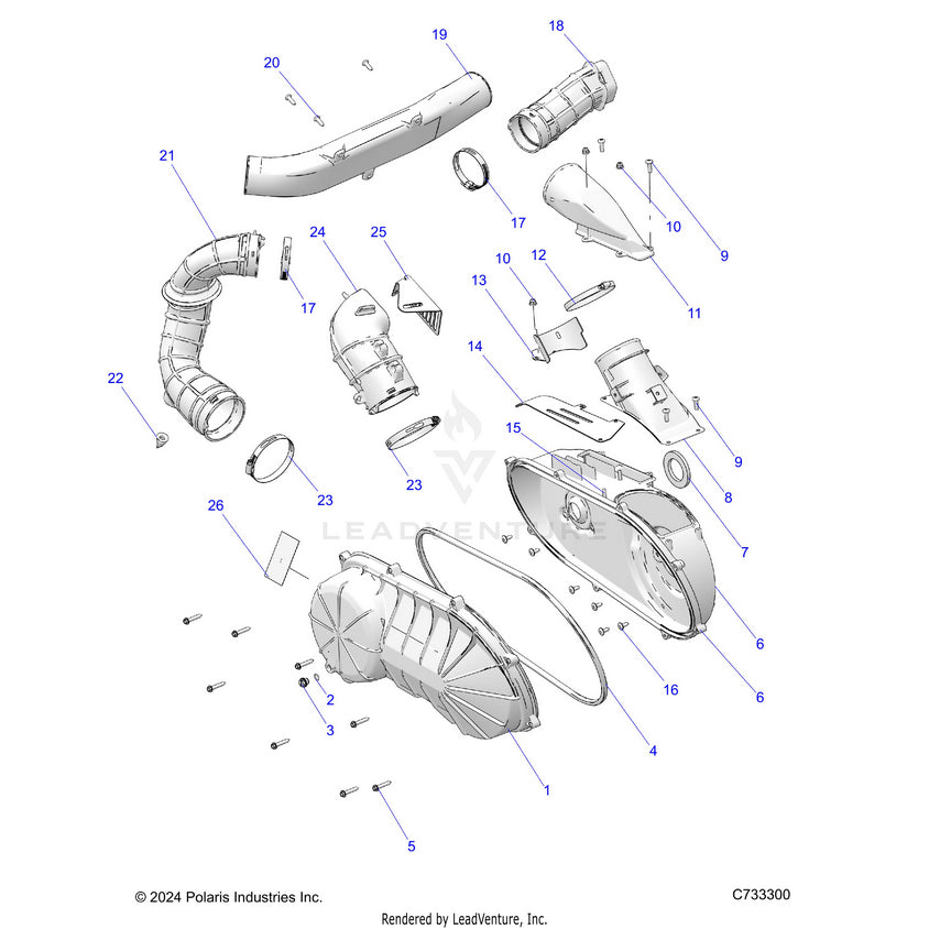 An Image of a Genuine Polaris Parts Schematic Diagram showing the schematic - DRIVE TRAIN: CLUTCH COVER & DUCTING - 2025 POLARIS RANGER 1000 CREW EPS