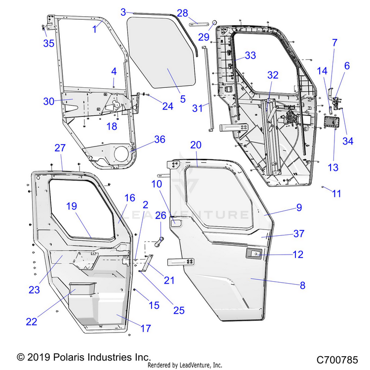 An Image of a Genuine Polaris Parts Schematic Diagram showing the schematic - BODY: FULL POWER DOOR/WINDOW - 2020 POLARIS RANGER XP 1000 NORTHSTAR ULTIMATE AUDIO