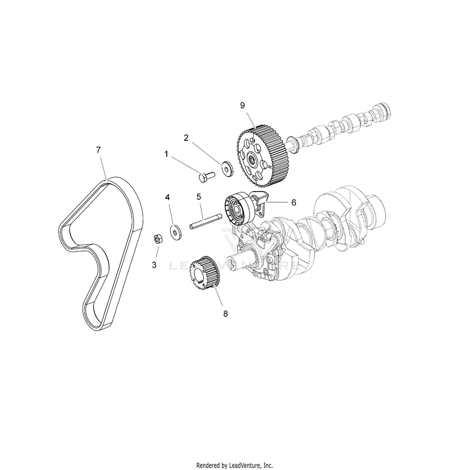 An Image of a Genuine Polaris Parts Schematic Diagram showing the schematic - ENGINE: TIMING PULLEY TIMING BELT JOCKEY PULLEY - 2016 POLARIS RANGER HST
