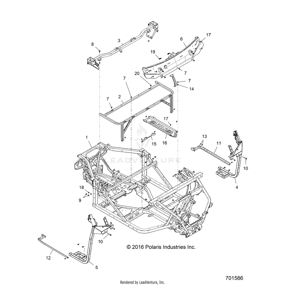 An Image of a Genuine Polaris Parts Schematic Diagram showing the schematic - CHASSIS: MAIN FRAME - 2019 POLARIS RANGER 900 XP