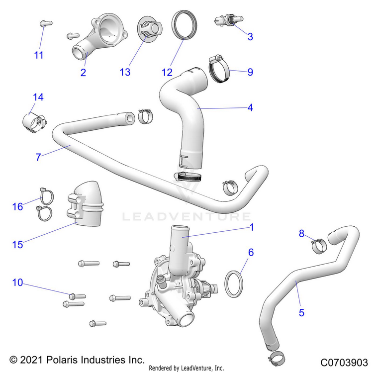 An Image of a Genuine Polaris Parts Schematic Diagram showing the schematic - ENGINE: WATERPUMP & BYPASS - 2022 POLARIS RANGER XP 1000 WATERFOWL EVAP