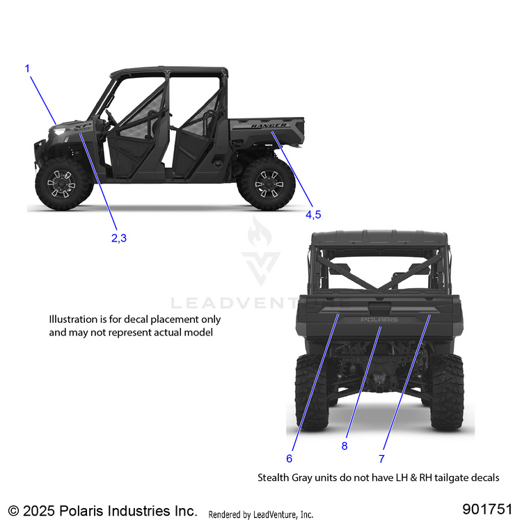 An Image of a Genuine Polaris Parts Schematic Diagram showing the schematic - BODY: DECALS GRAPHICS - 2026 POLARIS RANGER 1000 XP CREW PREMIUM