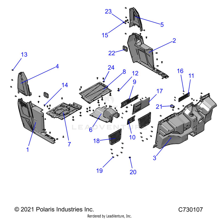 An Image of a Genuine Polaris Parts Schematic Diagram showing the schematic - BODY: FLOOR & ROCKERS - 2022 POLARIS RANGER 570 NORTHSTAR