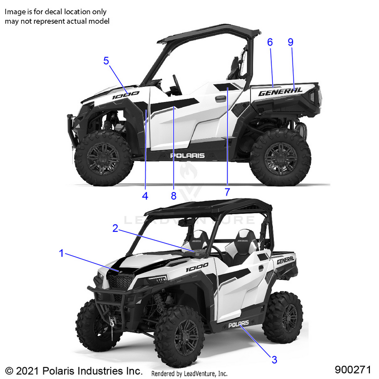 An Image of a Genuine Polaris Parts Schematic Diagram showing the schematic - BODY: DECALS - 2021 POLARIS GENERAL 1000 DELUXE EPS