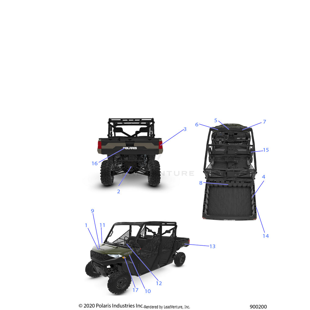 An Image of a Genuine Polaris Parts Schematic Diagram showing the schematic - BODY: DECALS - 2021 POLARIS RANGER CREW 1000 EPS PREMIUM