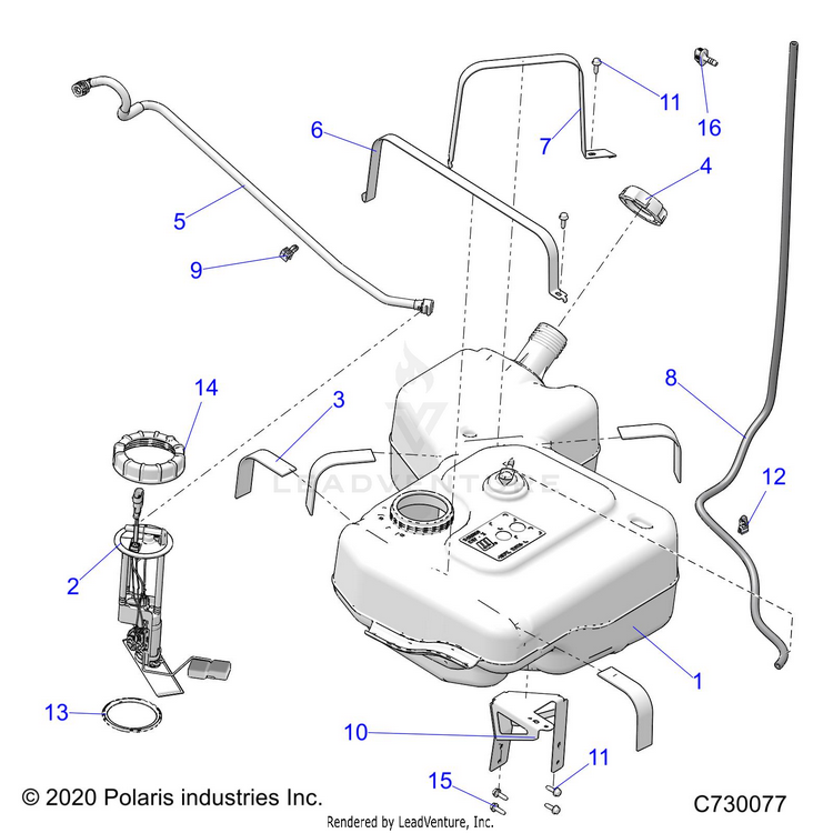 An Image of a Genuine Polaris Parts Schematic Diagram showing the schematic - BODY: FUEL TANK - 2021 POLARIS RANGER CREW XP 1000 NORTHSTAR PREMIUM AUDIO