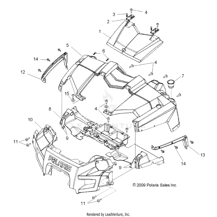 An Image of a Genuine Polaris Parts Schematic Diagram showing the schematic - BODY: HOOD & FRONT FASCIA - 2016 POLARIS RANGER 800 6X6